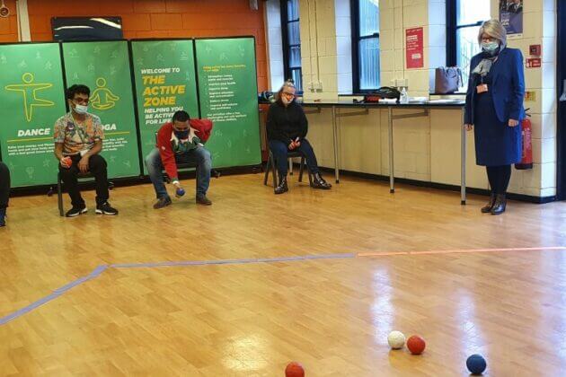 RNN Group Deputy Principal/CEO Tracey Mace-Akroyd takes part in a game of Boccia with students from the Rotherham College's FLEX department.