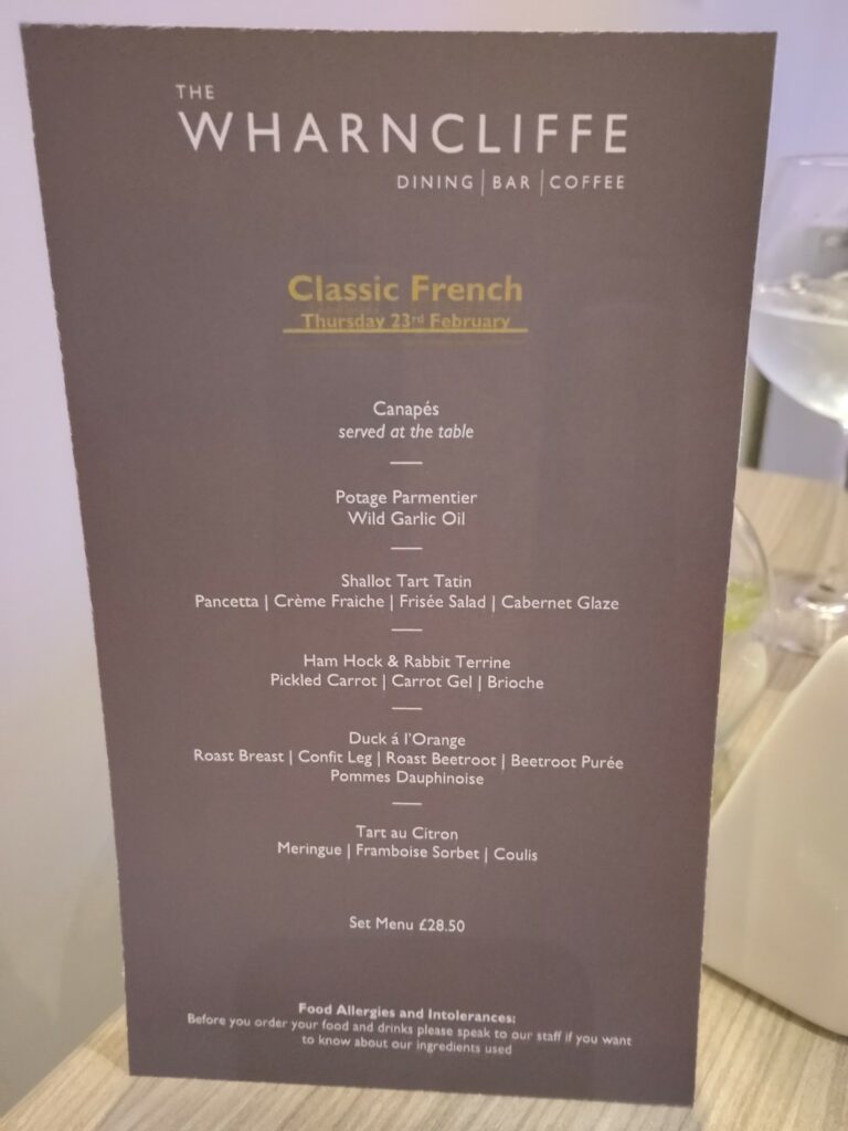 The French Night menu at The Wharncliffe