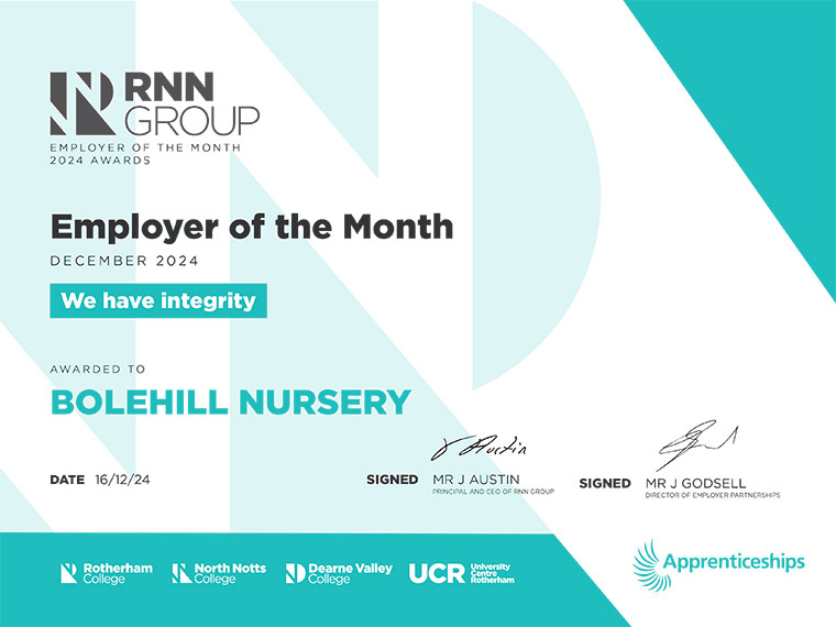 RNN Group employer of the month certificate - December 2024 - Bolehill Nursery